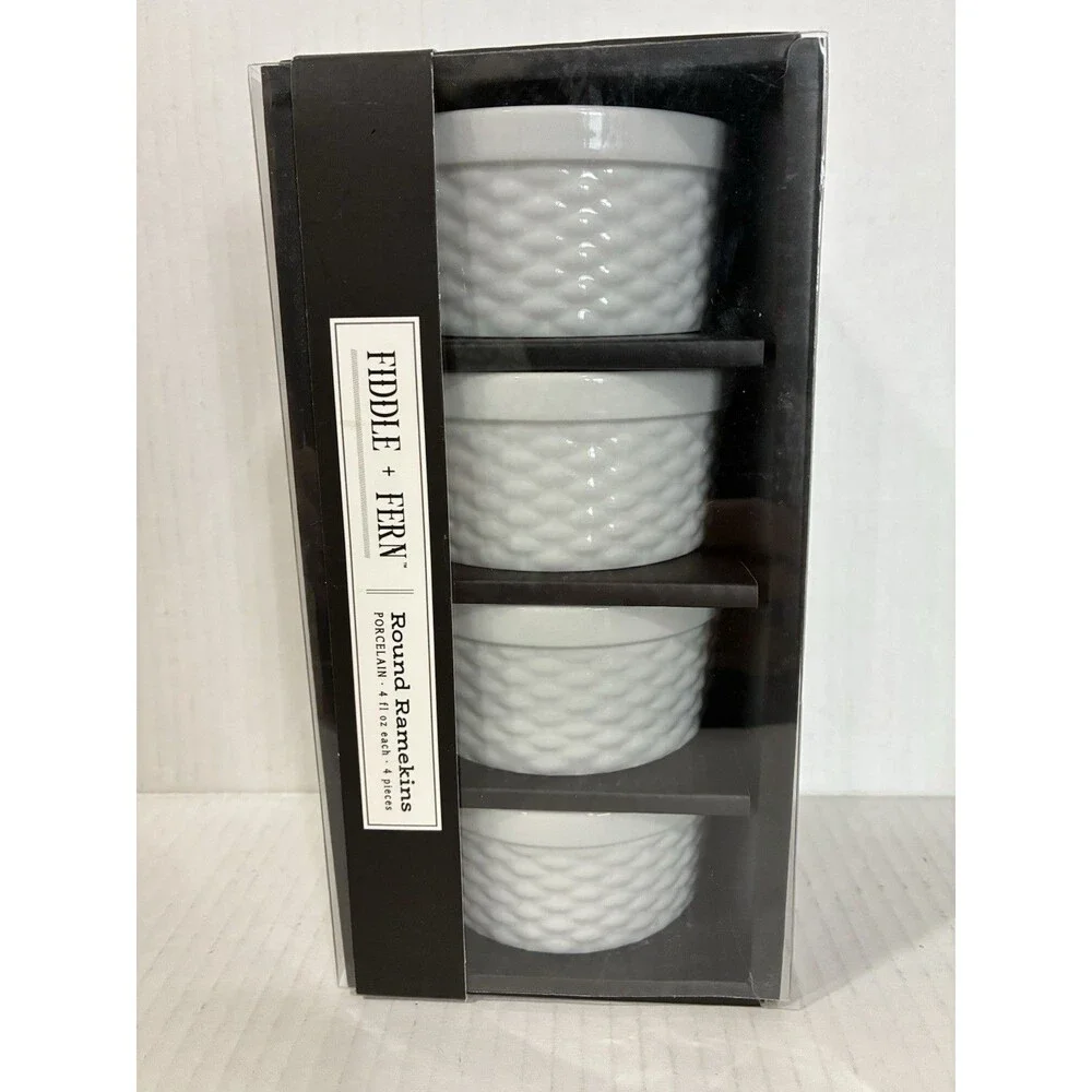 NEW Fiddle and Fern 4 Oz. Honeycomb Round Ramekins 4 Pieces White Porcelain